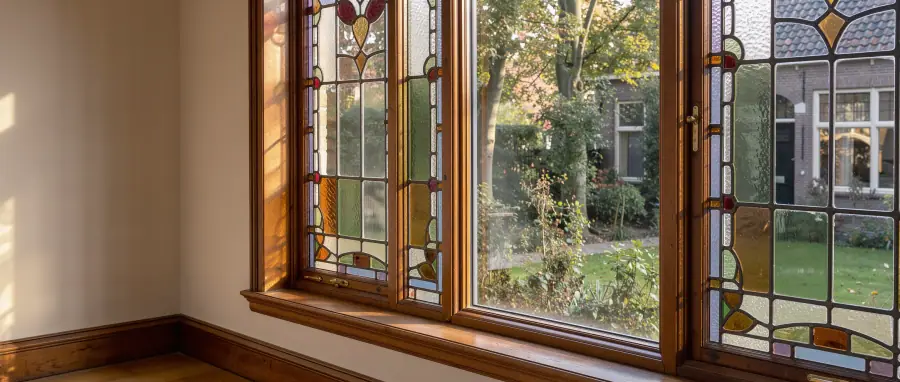 Detail van een Zeister glas-in-loodraam met slank houten achterzetraam aan de kamerzijde en zacht daglicht