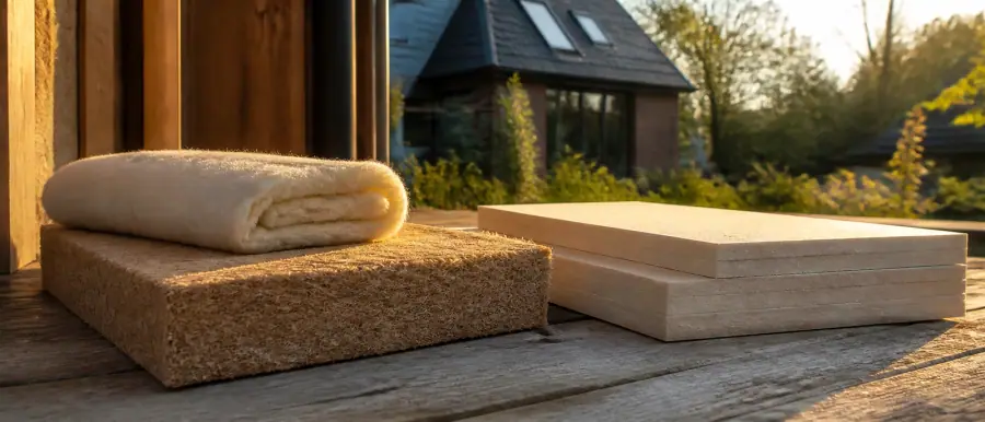 Isolatiematerialen op een houten ondergrond: houtvezelplaat, schapenwol en een harde isolatieplaat