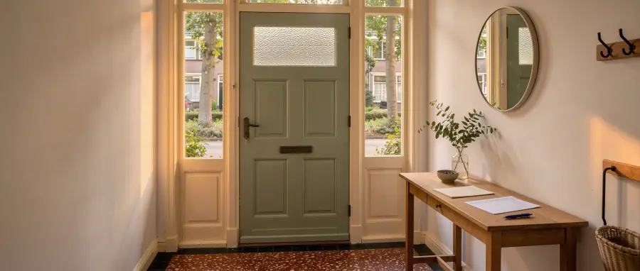 Gesloten voordeur van een Zeister woning met een neutrale folder zonder logo naast een checklist en pen op een haltafel