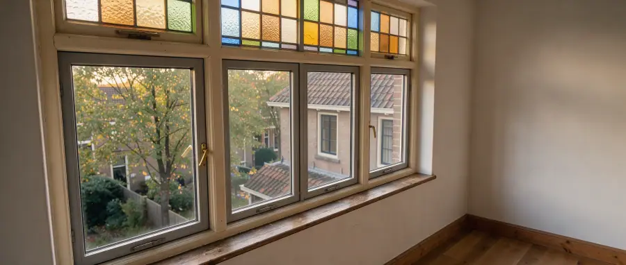 Historisch houten raam in Zeist met glas-in-lood en een slank achterzetraam aan de binnenzijde