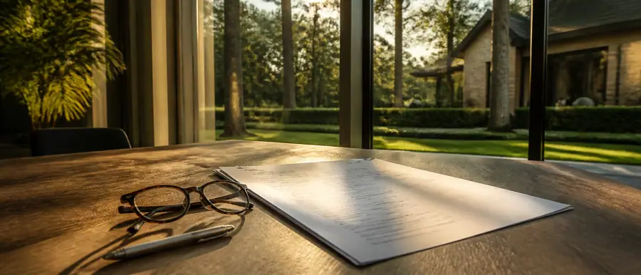 Uitgeprinte offerte op een eikenhouten tafel, met een leesbril en een vulpen