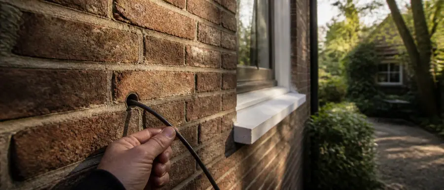 Smalle spouw in een oude bakstenen muur, bekeken door een inspectiegat