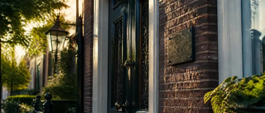 Monumentenschildje op de bakstenen gevel van een oud huis, naast een sierlijke voordeur